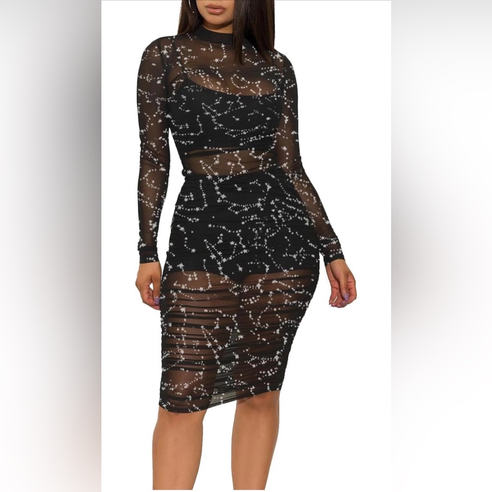 Celestial Sheer Mesh Bodycon Midi Dress Silver Star Rave Festival Ruched Size M